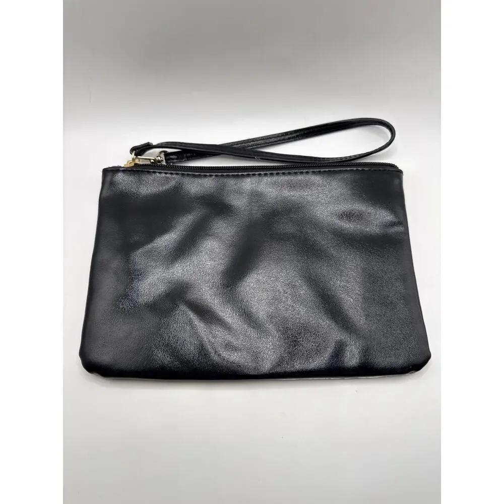Victoria’s Secret Black Confetti Sequin Zip Wristlet Cosmetic Makeup Pouch Bag